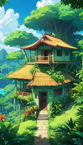 teahouse,home landscape,studio ghibli,ghibli,maplestory,tropical house,roof landscape,hoenn,landscape background,japanese background,forest house,bird kingdom,kazoku,background design,dojo,kanto,japan landscape,summer cottage,house in the forest,cartoon video game background,Illustration,Japanese style,Japanese Style 03