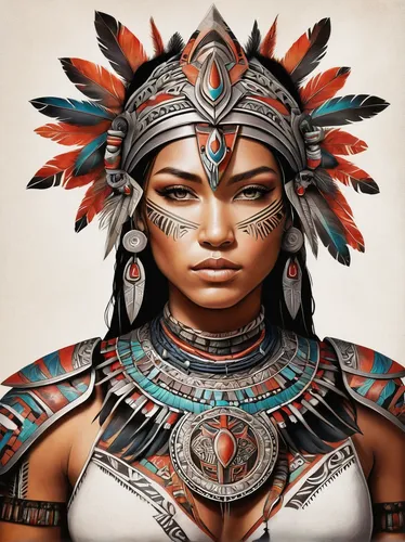 warrior woman,indian headdress,american indian,native american,tribal chief,aborigine,the american indian,pocahontas,shamanic,female warrior,shamanism,headdress,cherokee,aztec,polynesian girl,ancient egyptian girl,incas,tribal,feather headdress,native,Illustration,Retro,Retro 20