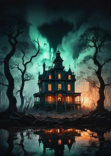 a creepy house in the middle of a swamp, a matte painting, inspired by Alexander Jansson, shutterstock, victorian house, southern gothic, photo of a beautiful, the style of andreas rocha, istock, scar