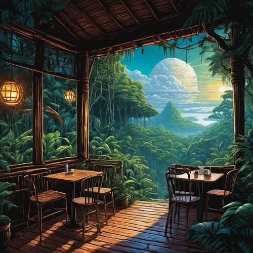 japanese restaurant,studio ghibli,watercolor cafe,cartoon video game background,fantasy landscape,a restaurant,japanese-style room,rainforest,watercolor tea shop,tearoom,alpine restaurant,outdoor dining,izakaya,chinese restaurant,fine dining restaurant,breakfast room,tea garden,dining room,beach restaurant,japanese background,Illustration,Realistic Fantasy,Realistic Fantasy 25