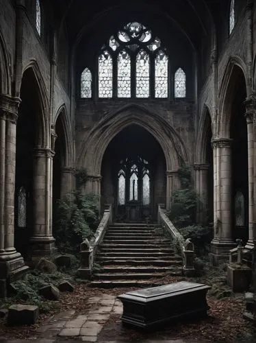 Death architecture, futuristic skyscraper, gothic spire, cemetery surroundings, abandoned church, dark mysterious atmosphere, crumbling stone walls, ivy-covered ruins, dramatic spotlighting, foggy mis