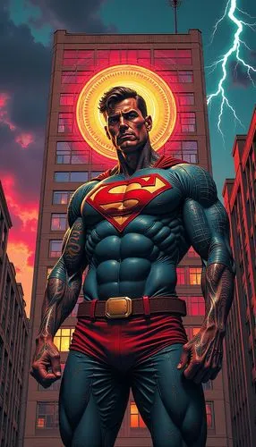 the superman standing in front of a city,miracleman,bizarro,superman,kryptonian,metahuman,marvelman,Illustration,American Style,American Style 07