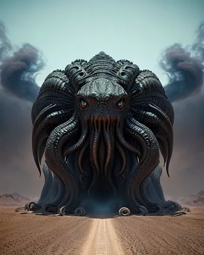 monster, modly form black smoke, Cthulhu, in desert ,mandelbulb,kraken,nautilus,deep sea nautilus,fractalius,ringed-worm,octopus,alien planet,alien world,dune,calamari,tarantula,extraterrestrial life,