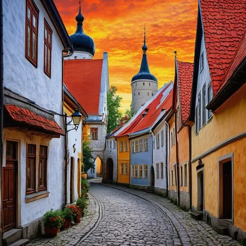 Estonian architecture, medieval style, old town, Toompea Castle, Gothic spire, ornate stone carvings, wooden houses, steeply pitched roofs, vibrant colors, flower-patterned windows, traditional folk p