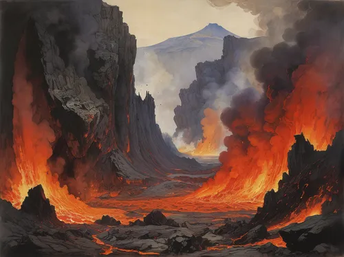 volcanic landscape,volcanic field,volcanism,lava,lava plain,volcano,volcanic,volcanos,scorched earth,lava river,krafla volcano,lava cave,volcanoes,fire mountain,eruption,magma,volcanic eruption,gorely volcano,lava dome,lava flow,Illustration,Paper based,Paper Based 23