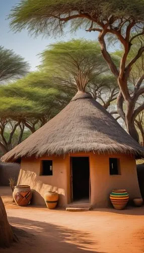 African architectural style, mud hut, thatched roof, wooden door, intricate carvings, geometric patterns, earthy tones, natural materials, organic shapes, curved lines, vibrant colors, tribal masks, A