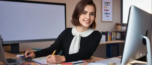 Elegant young woman, online teacher, 25yo, short brown hair, gentle smile, minimal makeup, white blouse, black skirt, sitting in front of a computer, interactive whiteboard, colorful icons, modern lap