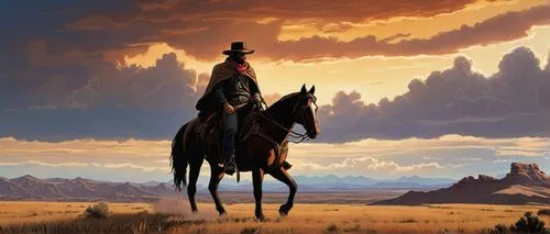 John Marston, cowboy, rugged, mature man, facial scars, stubble, worn leather duster coat, wide-brimmed hat, bandana, holstered pistol, weathered boots, riding horse, open plains, sunset, warm lightin