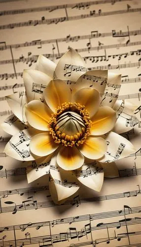 A flower composed entirely of sheet music, its petals forming musical notes.

,bach flower therapy,paper flower background,bach flowers,yellow rose background,piece of music,gold flower,music paper,cl