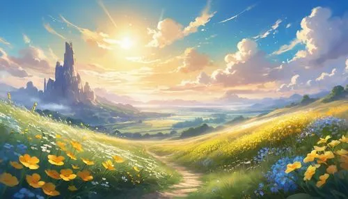 blooming field,fantasy landscape,landscape background,dandelion field,dandelion meadow,meadow landscape,springtime background,flower field,sunburst background,field of flowers,spring background,summer meadow,salt meadow landscape,meadow in pastel,spring sun,flowers field,spring meadow,spring morning,flower meadow,daffodil field,Illustration,Realistic Fantasy,Realistic Fantasy 01