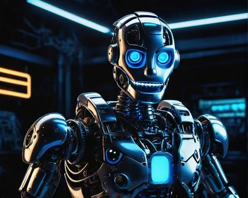 FNAF 0, robotic character, blue and white body, glowing blue eyes, intricate mechanical details, shiny metallic surface, standing, futuristic laboratory, neon lights, dark background, sharp shadows, d