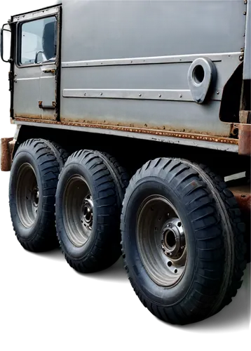 Trailer, rusty metal body, wheels with nuts, silver hubcaps, connected to a truck, towing rope, attached luggage rack, side mirrors, rear lights, mudguards, diesel engine, exhaust pipe, detailed wheel