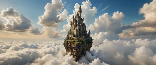 an island covered in clouds surrounded by tall buildings,3d fantasy,cloudmont,tirith,cinderella's castle,fantasy picture,fairytale castle,fantasy landscape,fantasy world,fairy tale castle,skycraper,as