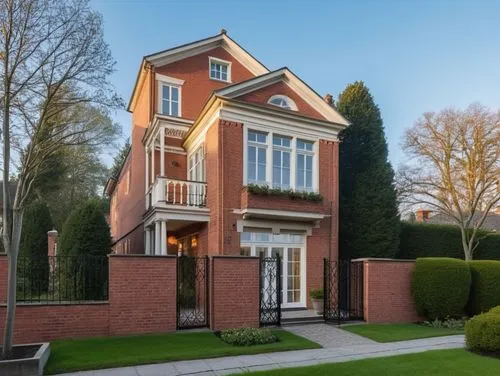 a house with two towers and a gated yard,homes for sale in hoboken nj,two story house,bendemeer estates,windlesham,victorian house,vicarage,Photography,General,Realistic