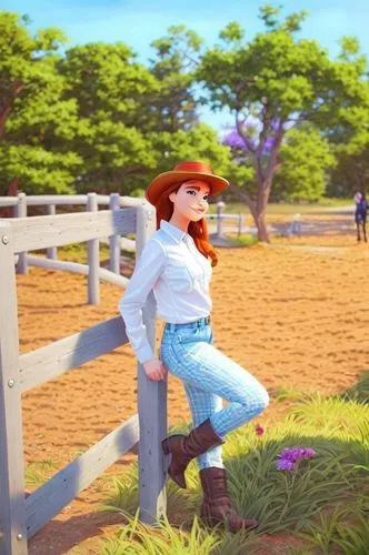 a painting of a person leaning on a wooden fence,scummvm,yeehaw,acpc,countrygirl,jodhpurs,joanne,Common,Common,Cartoon