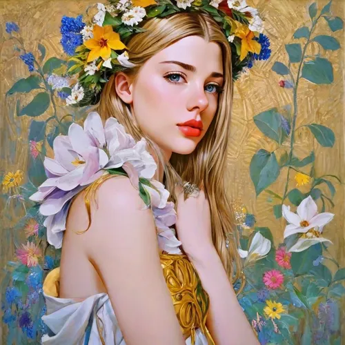 girl in flowers,girl in a wreath,beautiful girl with flowers,flower fairy,wreath of flowers,mucha,floral garland,flower girl,flora,magnolia,splendor of flowers,girl in the garden,kahila garland-lily,flower garland,floral wreath,golden flowers,girl picking flowers,emile vernon,fiori,blooming wreath