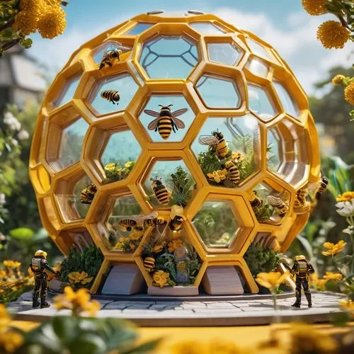 Beehive-inspired architecture, futuristic, symmetrical, intricate honeycomb structure, golden yellow and brown color scheme, rounded edges, domed roof, large glass windows, wooden accents, surrounded 