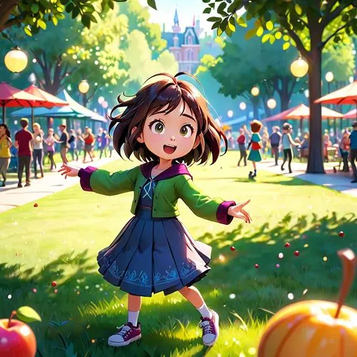 take random fruit, humanize it, maki it dancing in park,southpark style,summer,autumn in the park,cute cartoon character,agnes,autumn park,little girl with balloons,autumn walk,autumn background,hallo