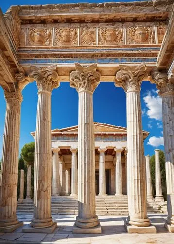 greek temple,doric columns,ephesus,celsus library,zappeion,roman columns,leptis,laodicea,roman temple,baalbek,temple of diana,colonnaded,peristyle,paestum,dougga,temple of hercules,erechtheus,colonnades,columns,gennadius,Art,Classical Oil Painting,Classical Oil Painting 10