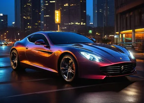 Luxury sports car, shiny metallic paint, sleek curves, low-angle shot, dramatic lighting, cityscape background, skyscraper, night scene, neon lights reflection, detailed wheels, chrome rims, leather s