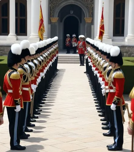 Haie d’honneur du nouveau Prince des Gaules  
,a large number of uniformed people in uniforms,regiments,regiment,regimental,sandhurst,regimentation,changing of the guard