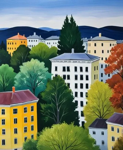 an oil painting of trees in front of yellow buildings,bluemner,sommerfeldt,krynica,kolbotn,palmanova,kuopio