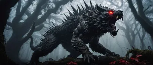 Ferocious beast, fantasy creature, muscular body, sharp claws, glowing red eyes, spiky fur, standing on hind legs, powerful roar, ancient forest, misty atmosphere, twisted trees, vines entwining, dim 