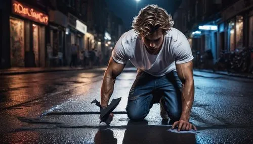 Street artist, young man, muscular arms, messy hair, casual clothing, jeans, white T-shirt, sneakers, holding chalk, creating bat silhouette on pavement, city street, night scene, dim lighting, neon s