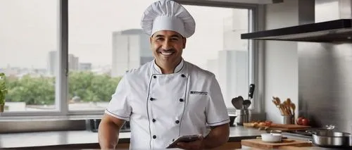 Modern cook, male, 30s, chef hat, white apron, casual smile, holding tablet, standing, indoor kitchen, wooden countertops, stainless steel appliances, large windows, natural light, urban cityscape vie