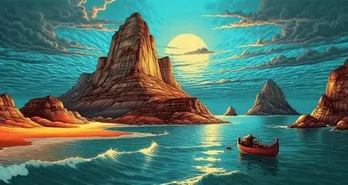 a painting of a boat on the ocean near rocky mountains,fantasy picture,fantasy landscape,sea landscape,fantasy art,sea fantasy,boat landscape,Illustration,Realistic Fantasy,Realistic Fantasy 25