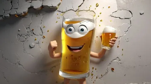 glass of beer breaking against a wall in 3D amimtion style ,the cartoon beer mascot is holding a mug,beermann,beer glass,renderman,warsteiner,beercolumn,beerman,Unique,3D,3D Character