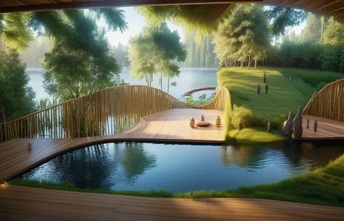 meditation area, bamboo material, open space, in front is a lake, behind is a forest, with many large trees, 3 o'clock afternoon daylight, realistic rendering,wooden bridge,3d rendering,landscape desi