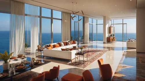 Interior view of Living Room, indian theme design elements, full height glazing having sea views outside,penthouses,oceanfront,ocean view,oceanview,luxury home interior,interior modern design,modern l