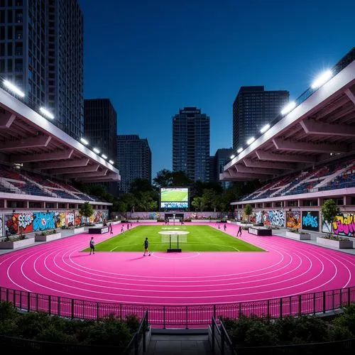 Vibrant fuchsia sports field, urban landscape, modern stadium architecture, sleek metal bleachers, bold graffiti murals, dynamic street art, neon-lit scoreboards, nighttime cityscape, bright floodligh