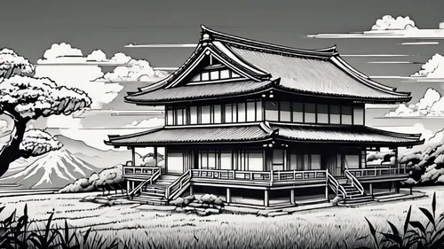 tsukemono,house silhouette,lonely house,ancient house,ginkaku-ji,japanese architecture,witch's house,cool woodblock images,wooden house,japanese background,japanese shrine,ryokan,japanese-style room,witch house,little house,traditional house,studio ghibli,japan landscape,kinkaku-ji,small house,Illustration,Japanese style,Japanese Style 04