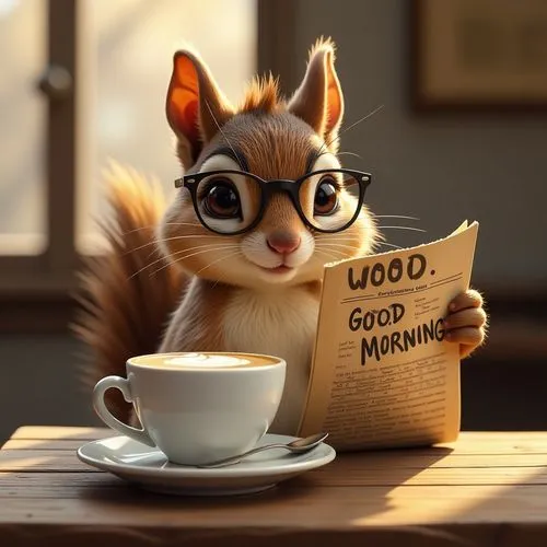 Kleines Eichhörnchen mit Brille sitzt mit Zeitung am Tisch, vor ihm eine dampfende Tasse Kaffee mit Milchschaum nach Latte Art. Text auf der Zeitung "GOOD MORNING". HDR, echte Fotografie.,a squirrel s