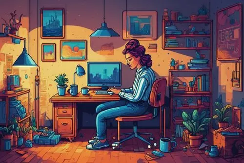 girl at the computer,computer addiction,man with a computer,computer room,computer,computer freak,girl studying,working space,study room,workspace,blue room,freelancer,desk,terrarium,computer art,pixel art,digital illustration,personal computer,computer desk,retro styled,Illustration,Realistic Fantasy,Realistic Fantasy 40