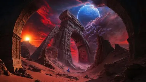  The image depicts a fantastical scene of a large, ancient-looking archway with a red sky and a blue planet, possibly Earth, in the background.,an artwork depicting a space station in the middle of de