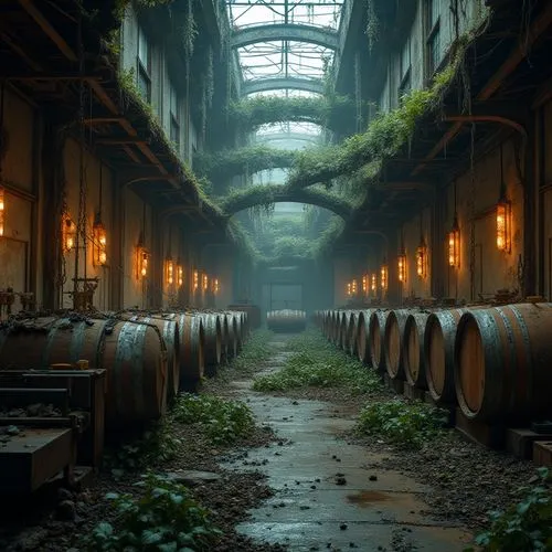 Deconstructed winery, futuristic architecture, fragmented structures, broken glasses, twisted metal beams, rusted chains, abandoned wine barrels, overgrown vines, dimly lit, misty atmosphere, eerie si