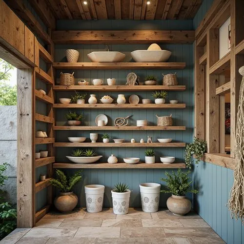 wooden buckets,mudroom,shelves,garden pot,wooden shelf,pottery,zakka,kitchen shop,pantry,garden shed,shelving,wooden flower pot,tile kitchen,ceramiche,astier,stoneware,planters,kitchen interior,clay pot,dish storage