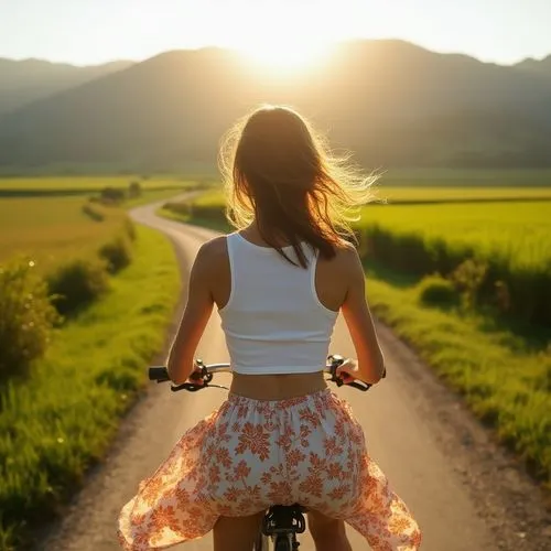 

A candid and spontaneous photograph of a woman riding a bicycle on a picturesque rural road. Seen from behind, she wears a whitesleeveless crop-top and a floral skirt that billows in the wind. The s