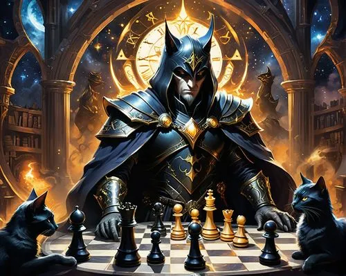 white and black wizard play chess at a round table in a room full of clocks, mystical and melancholic atmosphere of the picture, a black cat sits on the table,a picture of the wizard playing chess,che