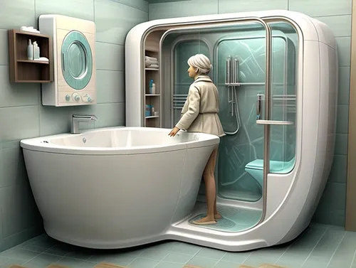 Futuristic bathroom, bathtub shower combination unit,luxury bathroom,bathtub accessory,bathroom accessory,toilet,washroom,laundry room,bathroom,sci fiction illustration,mri machine,doctor's room,the g