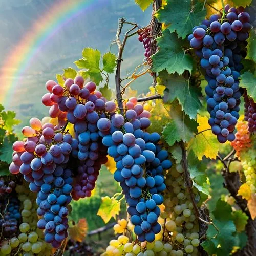 harvest,grapes,hillsides,sun,rainbow,trellis,gs still on the vine with a rainbow in the background,wine grapes,vineyard grapes,viognier grapes,blue grapes,purple grapes,wine grape,Photography,Artistic