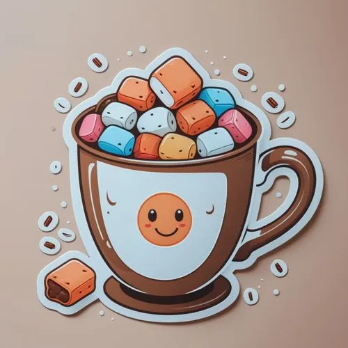 Hot mugs with cocoa and marshmallows, contour, Light Pure background, white outline, white background,coffee sticker with marshmallows in it,coffee tea illustration,cup of cocoa,coffee icons,cute coff