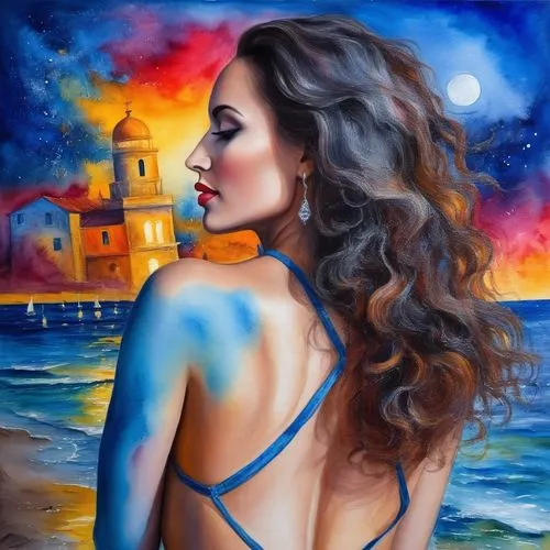 Moonlit Serenity by the Sea ,Passion Sexy Painting ,Naked Woman  Abstract Body Art Oil Painting
,follieri,azzurra,bodypainting,oil painting on canvas,italian painter,body painting,azzurro,fantasy art,