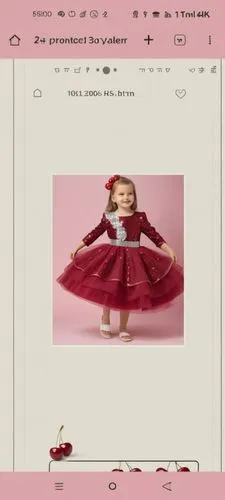 With three layers 
The first wis pink with sequin cherries and silver sequin lines  and belt cherries 
Second layer is burgundy 
Third layer is dark burgundy ,a po of a little girl in a dress with an 