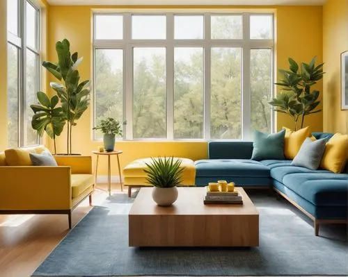 mid century modern,sitting room,living room,modern decor,ochre,contemporary decor,livingroom,yellow wall,modern living room,interior design,yellow and blue,defence,home interior,interior decor,sofas,mid century house,mahdavi,house plants,houseplants,apartment lounge,Illustration,Black and White,Black and White 01