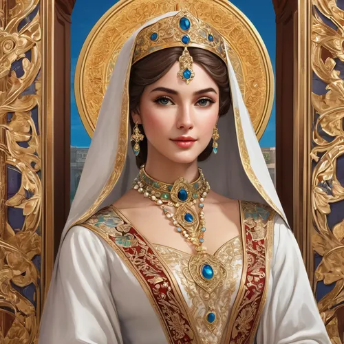 the prophet mary,zoroastrian novruz,miss circassian,assyrian,dulzaina,cleopatra,fatima,artemisia,thracian,priestess,diadem,cepora judith,azerbaijan azn,arabian,eurasian,sultana,greek orthodox,iranian,uzbekistan,samara,Illustration,Realistic Fantasy,Realistic Fantasy 43