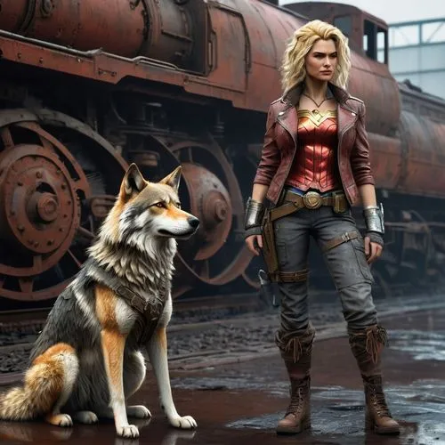 Close up shot of a wolf In front of a rusty old  locomotive  is standing  a big red, light-brown wolf with smooth fue together with a military hair cut female 45 years old blonde similar style  wonder